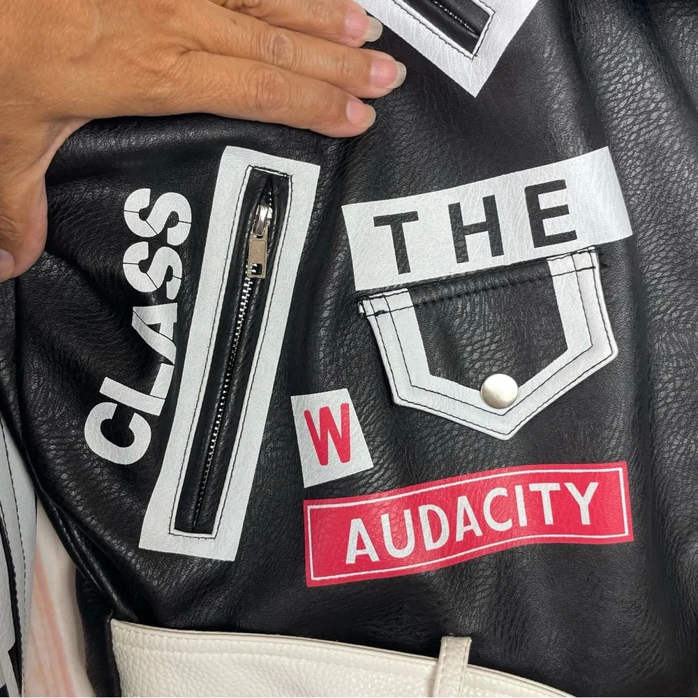 Azalea Wang Studded Black and White Graffiti Faux Leather Moto Jacket (1x) - Picture 8 of 16
